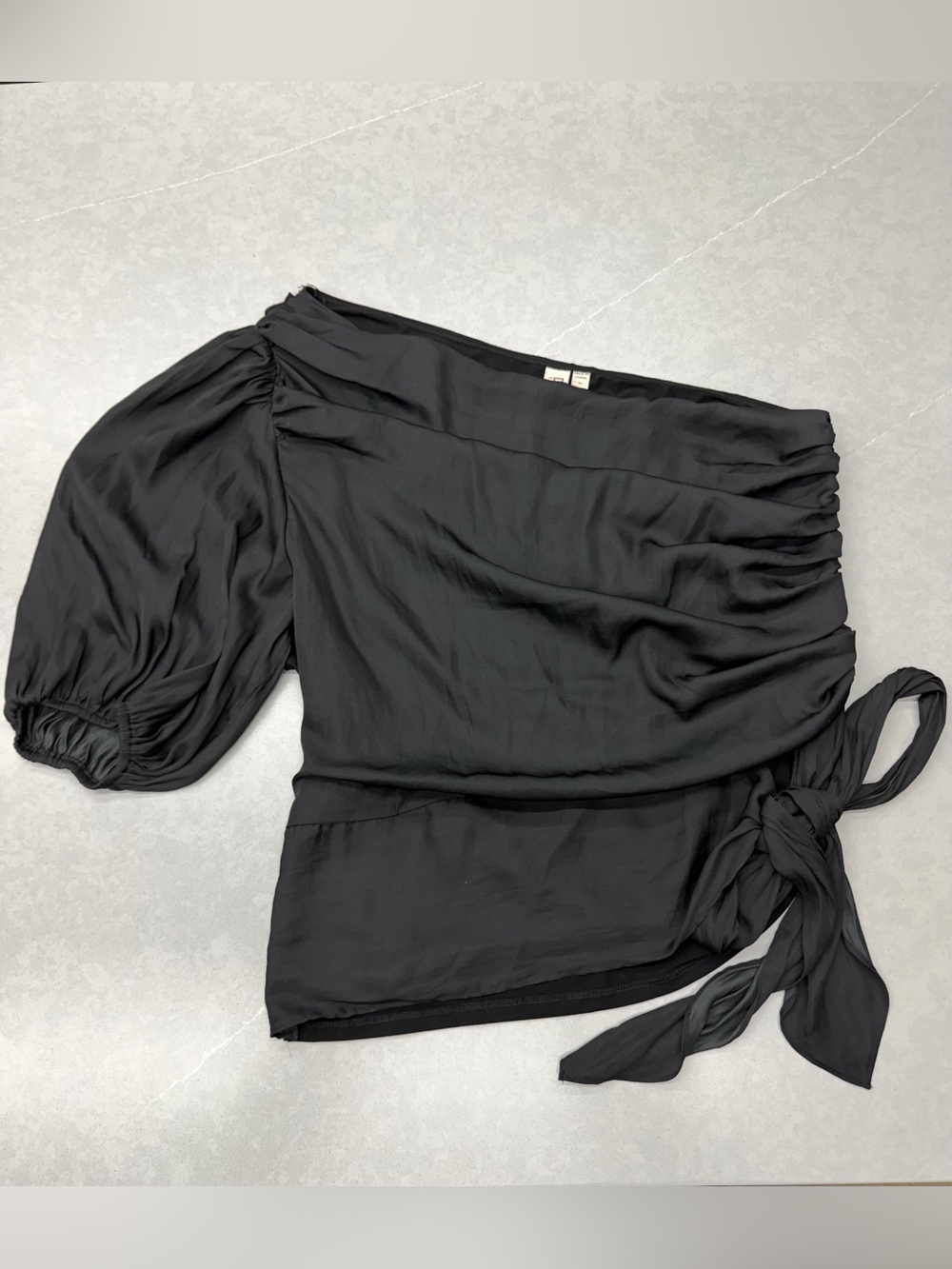 One-Shoulder Black Tie-Waist Blouse